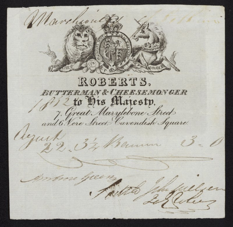 Annons för Roberts, smörman och osthandlare, London av English School