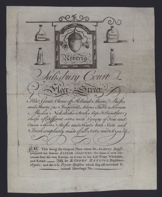 Annons för Roberts, tyghandlare, Salisbury Court, Fleet Street, London, där Dr Anthony Daffy förberedde sin Elixir Salutis (gravyr) av English School