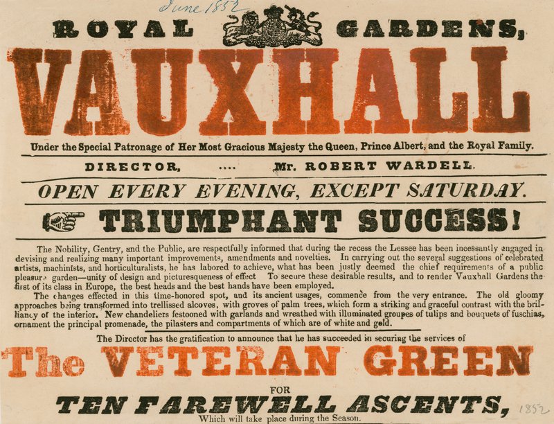 Annons för Royal Garden, Vauxhall; Vauxhall Gardens, London av English School