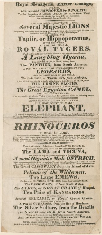 Annons för Royal Menagerie, Exeter Change av English School