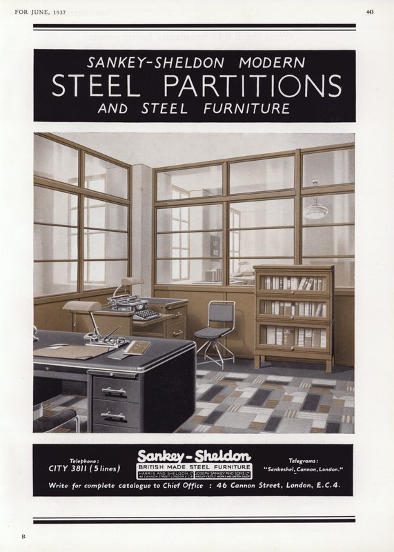 Annons för Sankey-Sheldon Steel Partitions, 1937 av English School