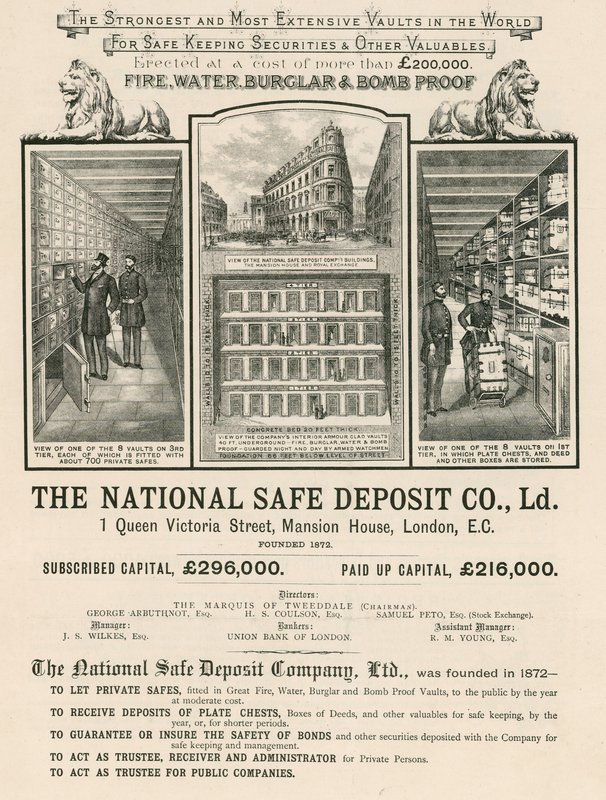 Annons för The National Safe Deposit Company, 1 Queen Victoria Street, Mansion House, London av English School