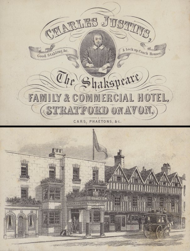 Annons för The Shakespeare Hotel, Stratford on Avon, Warwickshire (gravyr) av English School