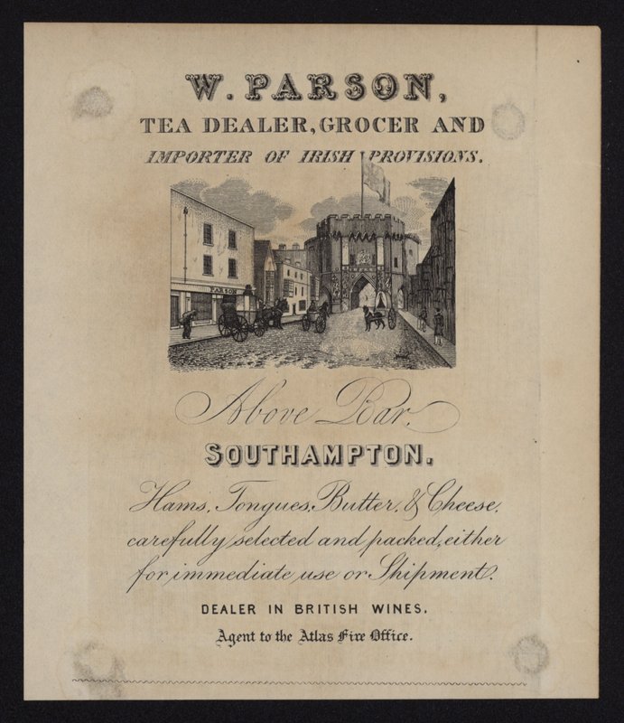 Annons för W Parson, tehandlare, livsmedelsaffär och importör av irländska proviant, Southampton, Hampshire av English School