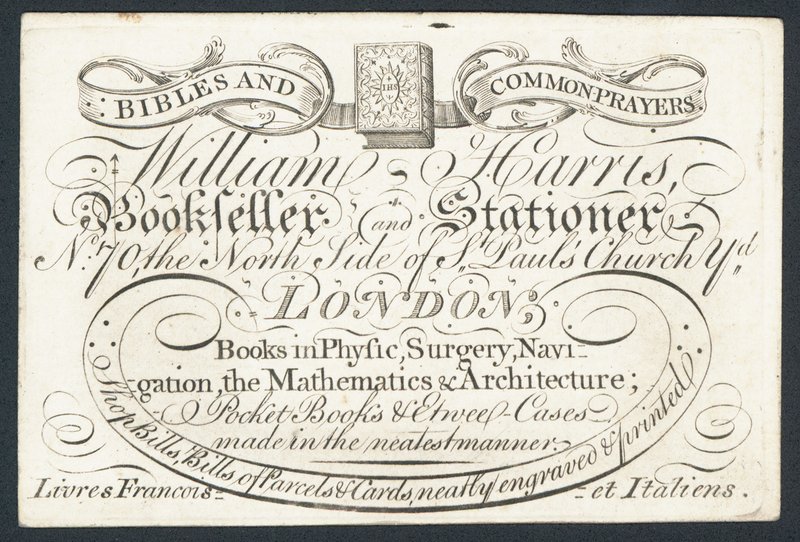 Annons för William Harris, bokhandlare och brevskrivare, London av English School