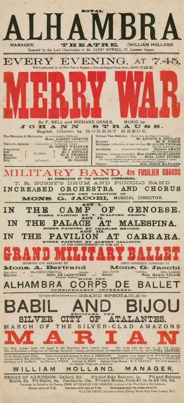 Reklam för Royal Alhambra Theatre, med Merry War av F Bell och Richard Genee med musik av Johann Strauss av English School