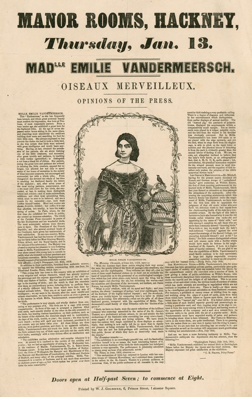 Annons för framträdandet av Mademoiselle Emile Vandermeersch, Oiseaux Merveilleux på Manor Rooms, Hackney, London av English School