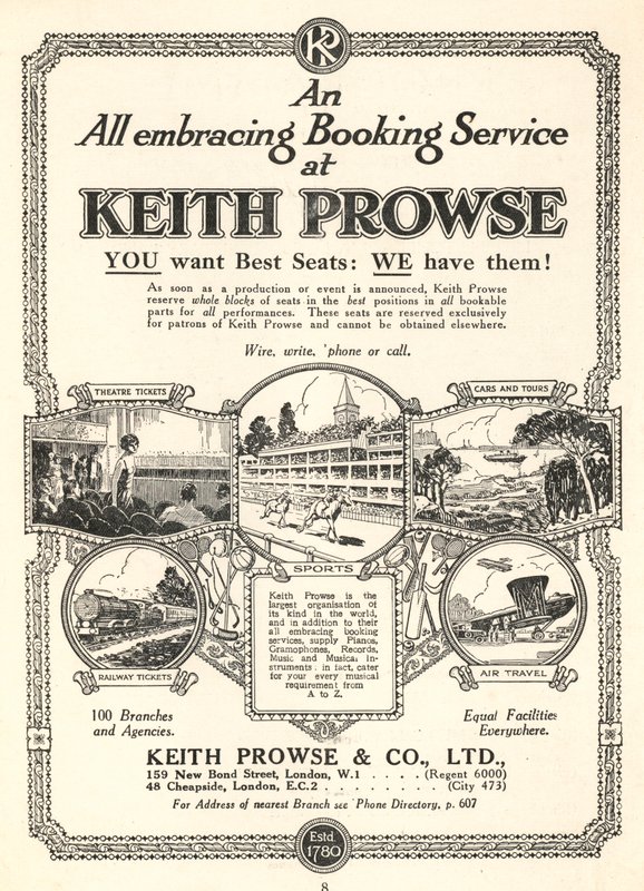 Annons för biljettbokningstjänster från Keith Prowse & Co, Ltd (litho) av English School