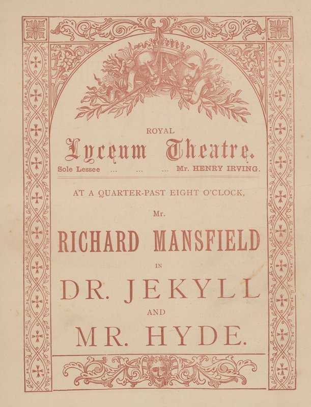 Reklamkort för Lyceum Theatre, Dr Jekyll och Mr Hyde med Richard Mansfield i huvudrollen av English School
