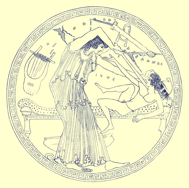 Aedon slays Itys, illustration från "Greek Vase Paintings" av J. E. Harrison och D. S. MacColl, publicerad 1894 av English School