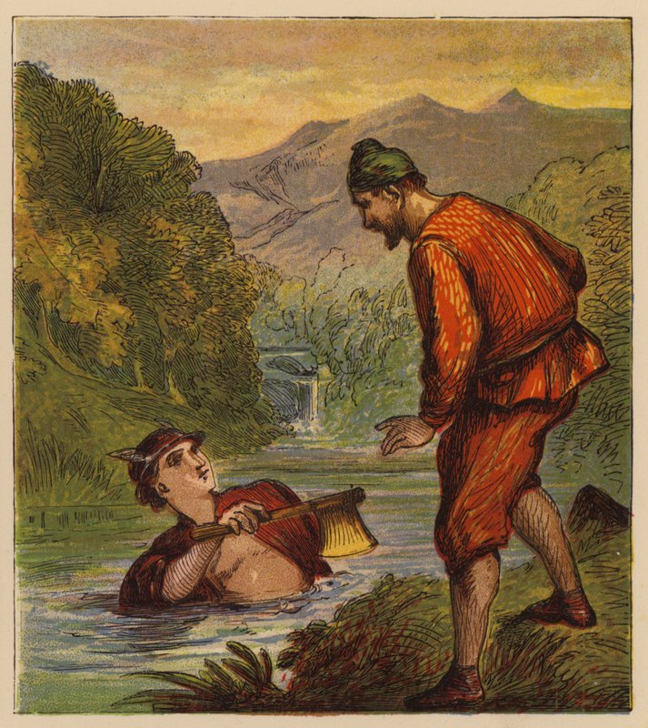 Aesops Fables: Mercury and the Woodman (färg litho) av English School