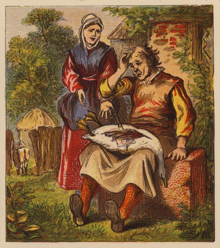 Aesops fabler: Gåsen och guldäggen (färg litho) av English School
