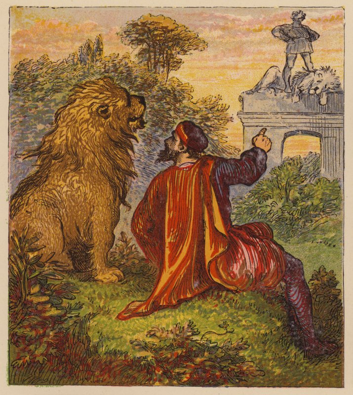 Aesops Fables: The Man and the Lion (färg litho) av English School