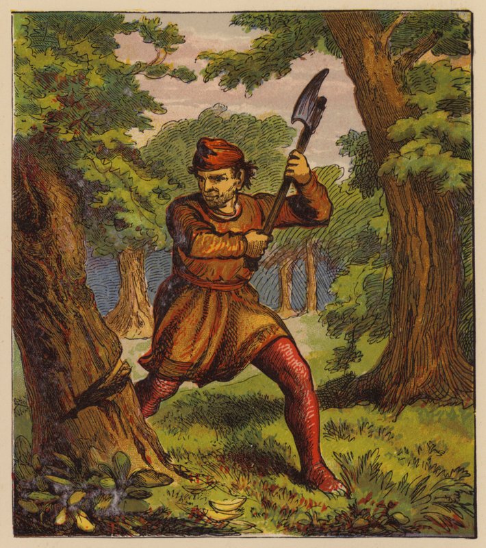 Aesops fabler: Träden och yxan (färg litho) av English School