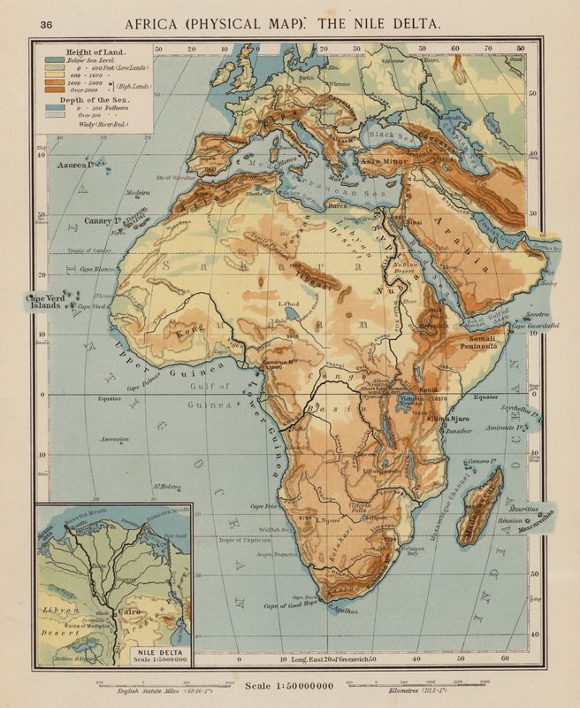 Afrika, fysisk karta, Nildeltat (färglitografi) av English School