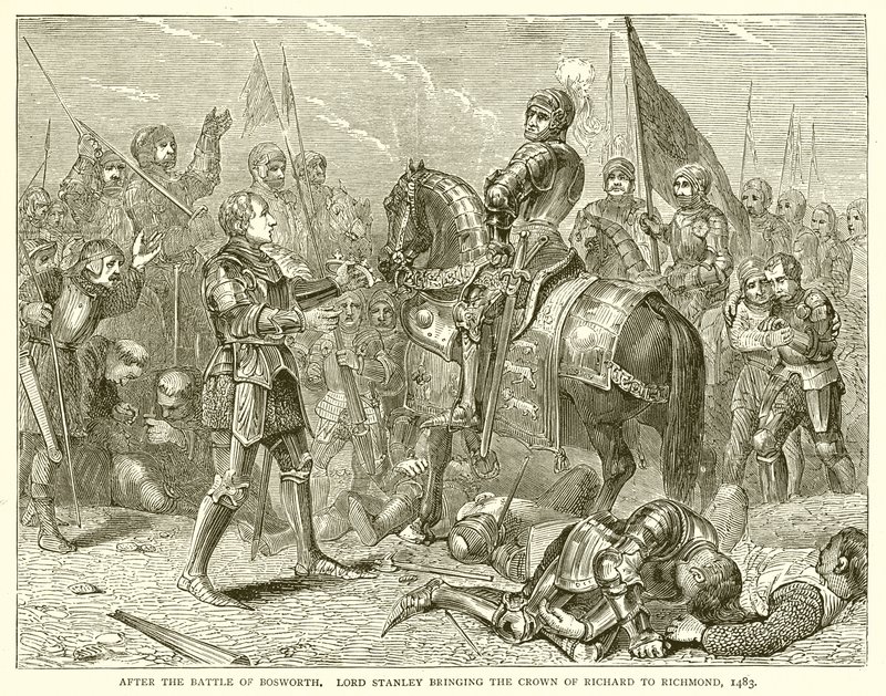 Efter slaget vid Bosworth. Lord Stanley förde Richards krona till Richmond, 1483 av English School