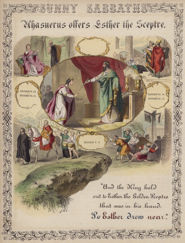 Ahasveros erbjuder Ester spiran (färgad gravyr) av English School