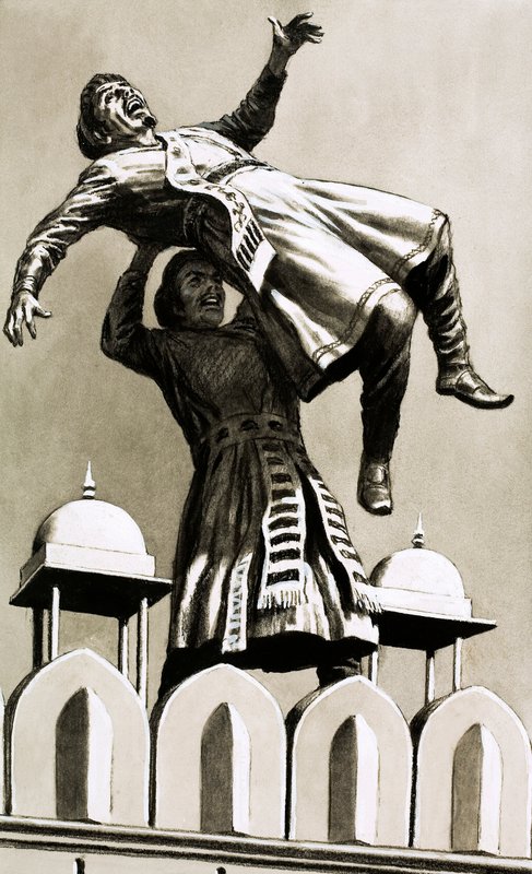 Akbar, kung av Hindustan, kastade mördaren Adham Khan från toppen av palatset (gouache på papper) av English School