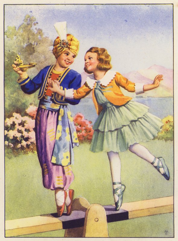 Aladdin och Margery Daw (färglitografi) av English School