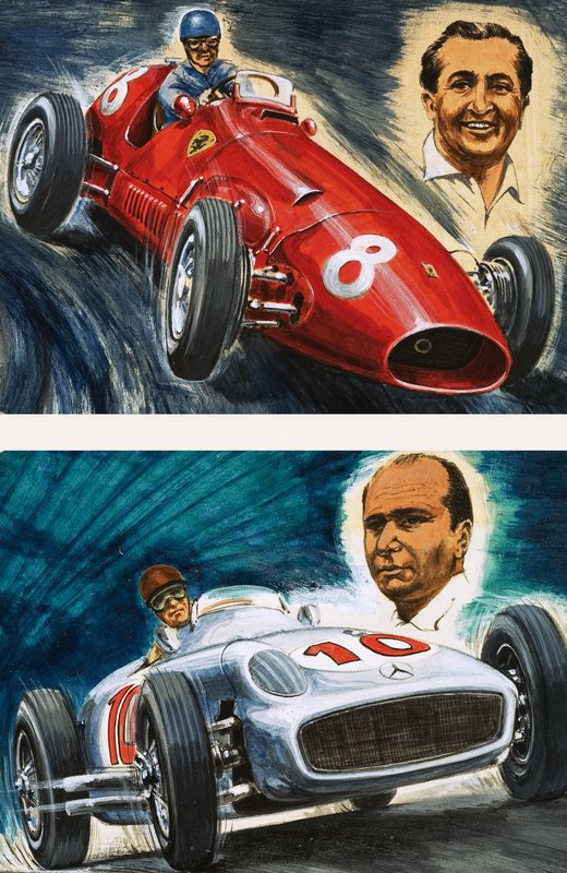 Alberto Ascari kör en Maserati (överst) och Juan Manuel Fangio kör en Mercedes-Benz (nedan). av English School