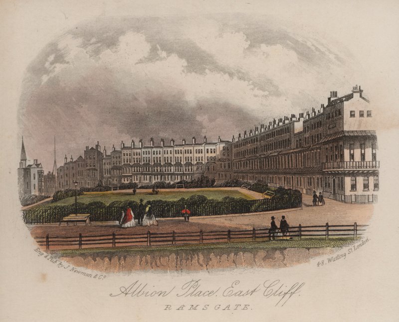 Albion Place, East Cliff, Ramsgate, Kent (färgad gravyr) av English School