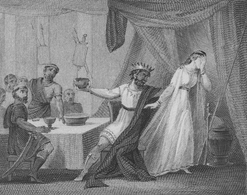 Alboin, kung av langobarderna, kräver att hans fru Rosamund dricker ur hans favoritbägare, gjord av skallen av hennes far Cunimund, kungen av Gepiderna av English School
