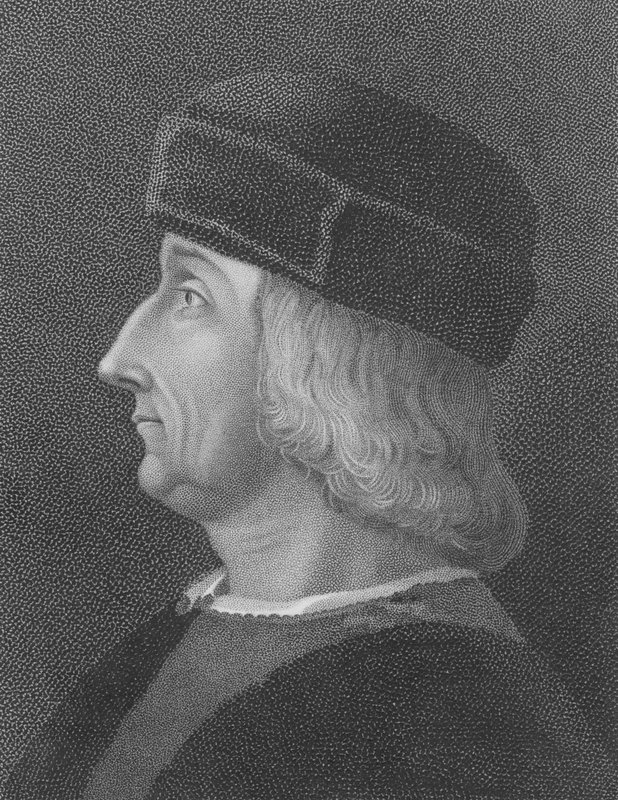 Aldus Manutius, efter ett porträtt av Bellini (gravyr) av English School