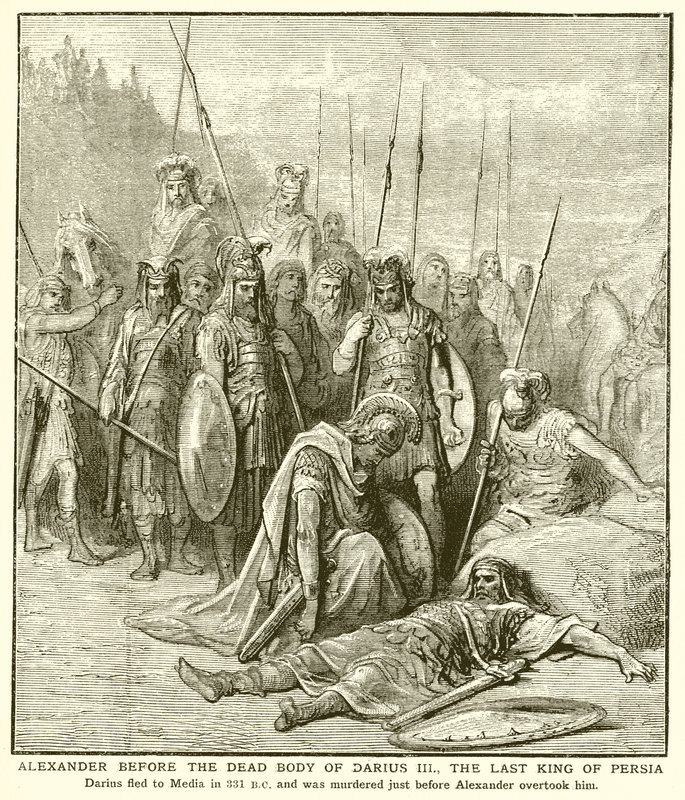 Alexander före den döda kroppen av Darius III, den siste kungen av Persien av English School