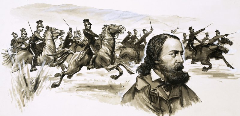 Alfred Tennyson med den lätta brigadens anfall i bakgrunden av English School