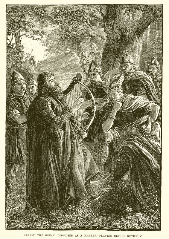 Alfred den store, förklädd till en harpare, spelar före Guthrum av English School