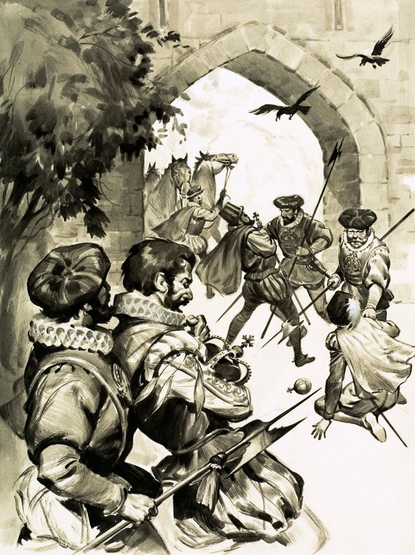 Alla Captain Bloods utarbetade planer på att stjäla Englands krona blev ingenting (gouache på papper) av English School