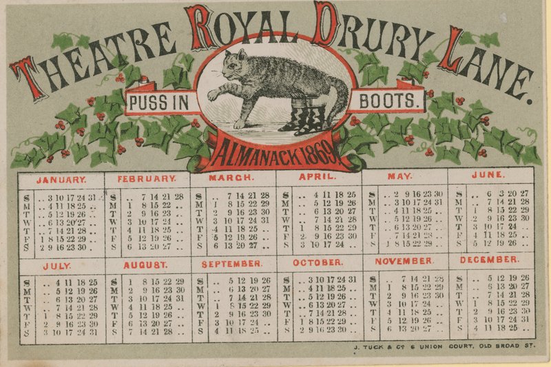 Almanack från 1869, utgiven av Theatre Royal Drury Lane av English School