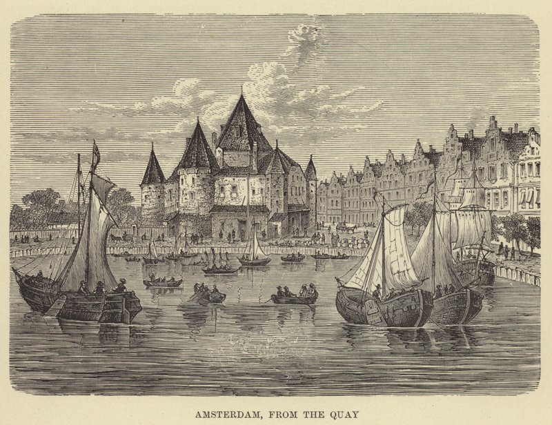 Amsterdam, från kajen (gravyr) av English School