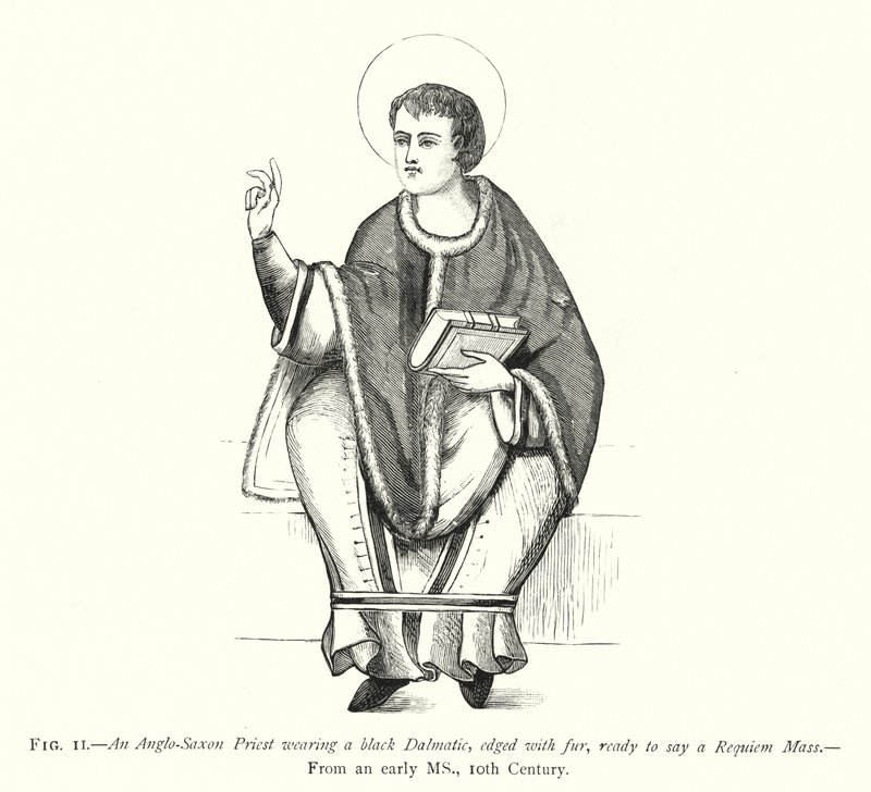 En anglosaxisk präst klädd i en svart Dalmatic, kantad med päls, redo att säga en Requiem-mässa (gravyr) av English School