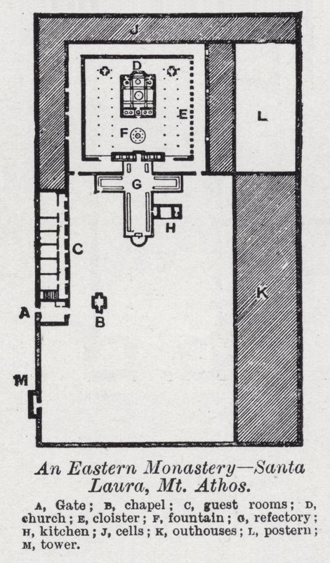 Ett östligt kloster, Santa Laura, Mt Athos (litho) av English School