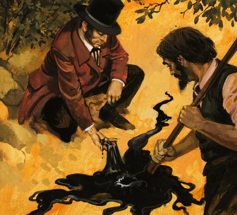En edwardiansk gentleman upptäcker olja (gouache på papper) av English School