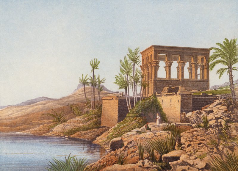 Ett egyptiskt tempel vid Nilen, Philae (färglitografi) av English School
