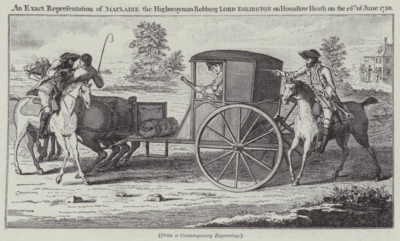 En exakt representation av Maclaine the Highwayman som rånar Lord Eglington på Hounslow Heath den 26 juni 1750 (gravyr) av English School