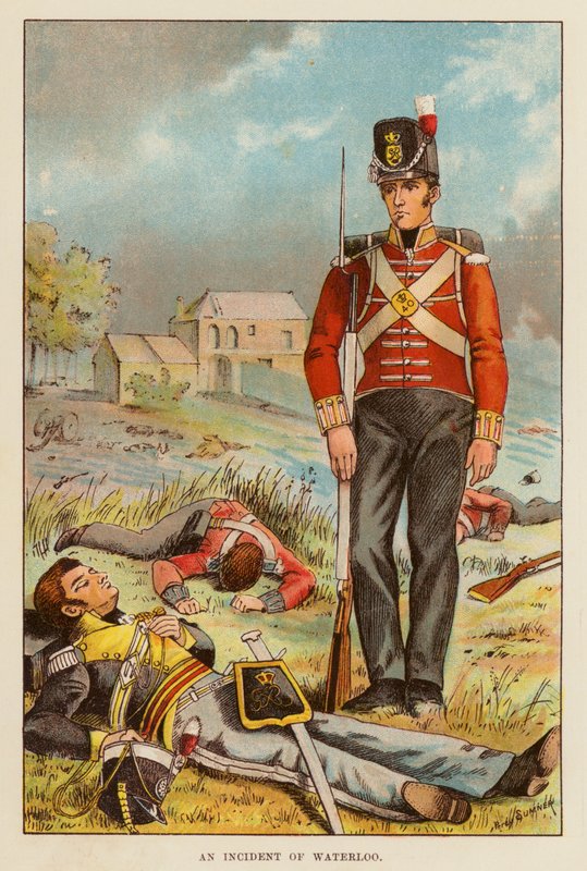 An Incident of Waterloo (färg litho) av English School
