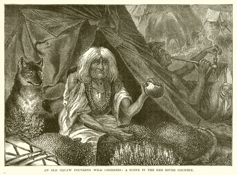 An Old Squaw Pounding Wild Cherries: En scen i Red River Country av English School