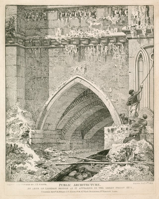 En båge av gamla London Bridge som den såg ut i Great Frost, 1814 av English School