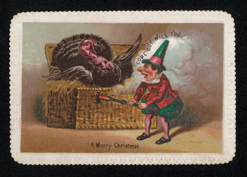 En tomte som röker en kalkon ur en korg, julhälsningskort (chromolitho) av English School