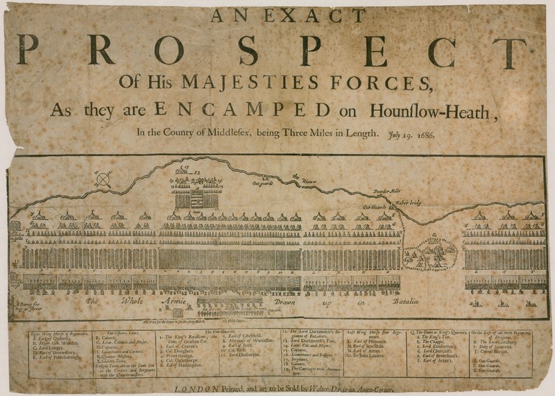 En exakt utsikt över hans Majestys styrkor, när de är läger på Hounslow Heath, 19 juli 1686 av English School