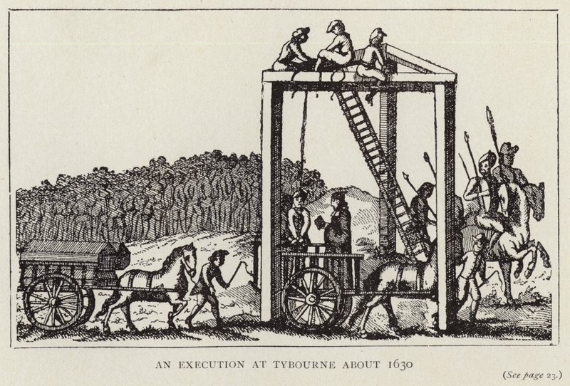 En avrättning i Tybourne omkring 1630 (litografi) av English School