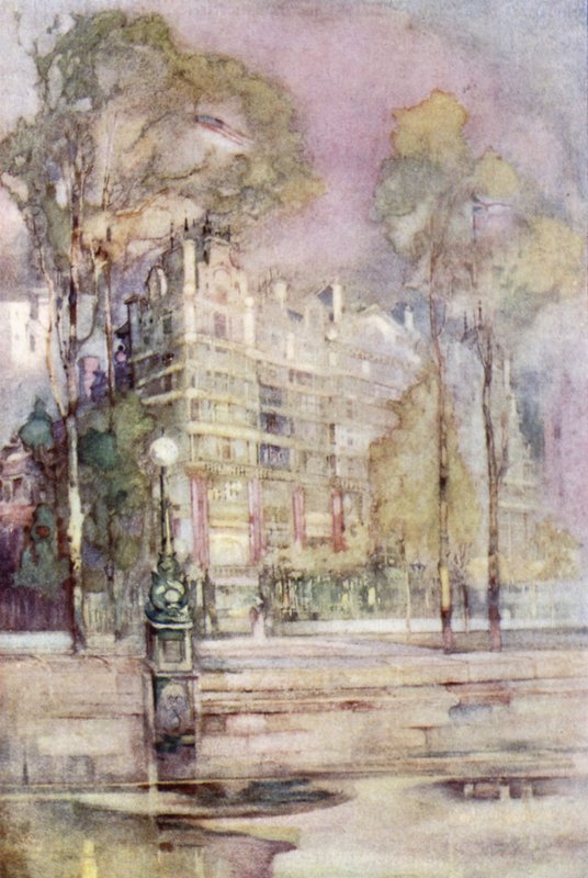 En impressionistisk utsikt över flodens framsida av Savoy Hotel (färg litho) av English School