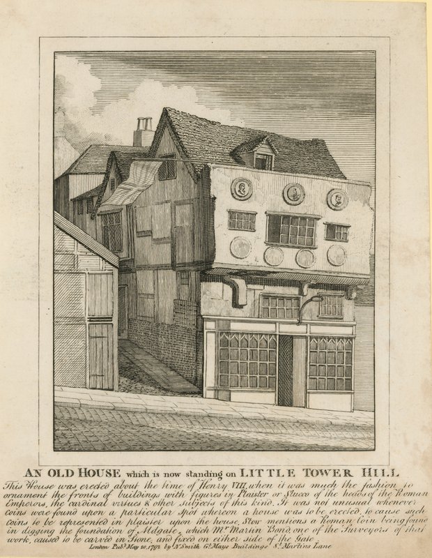 Ett gammalt hus som nu står på Little Tower Hill, London av English School