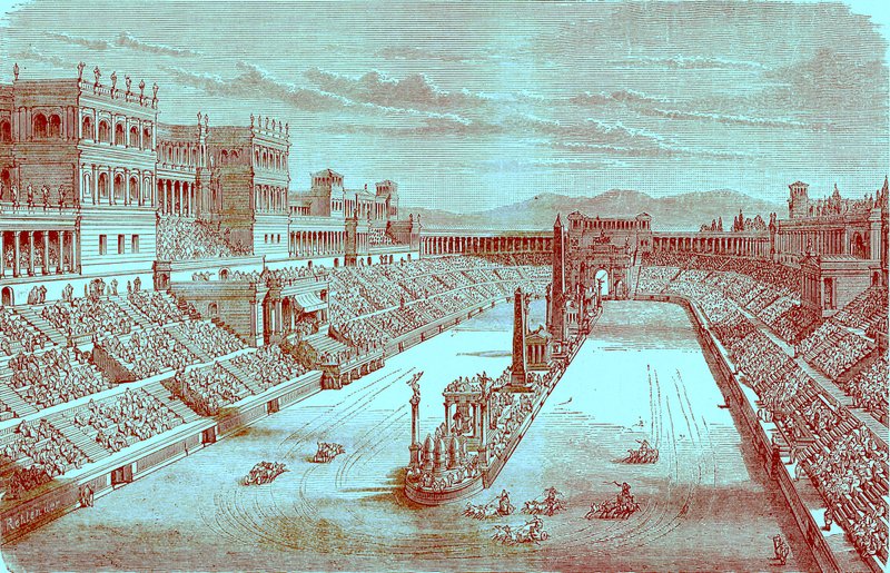 Ancient Arena Restored - Showing a Chariot Race, illustration från The Illustrated History of the World, publicerad ca 1880 (digitalt förbättrad bild) av English School