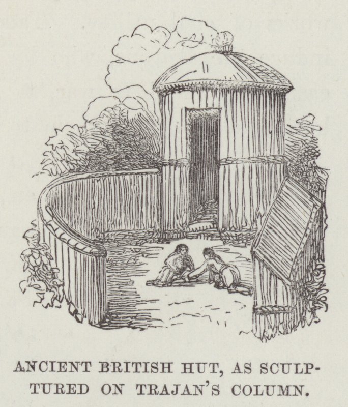Forntida brittisk hydda, skulpterad på Trajanus kolumn (gravyr) av English School