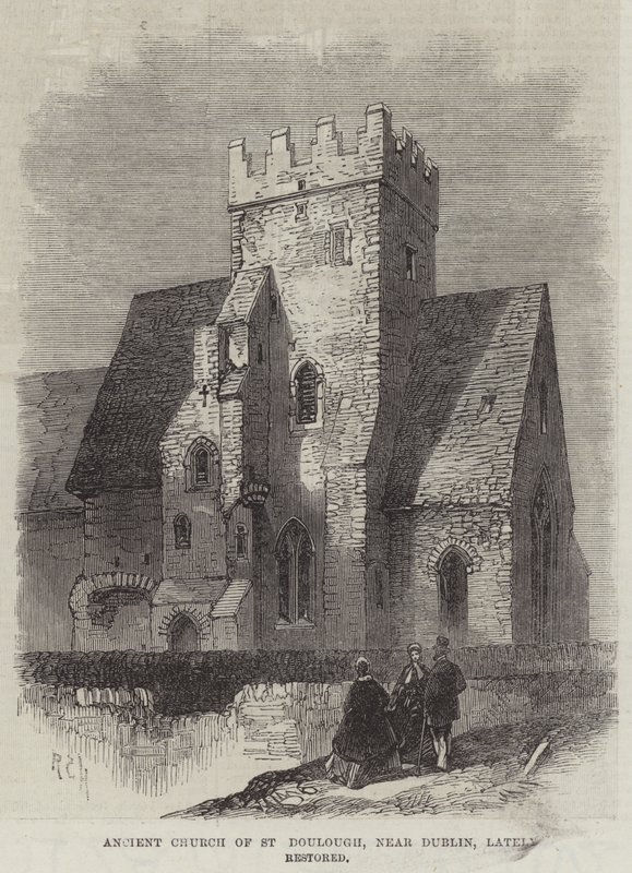 Ancient Church of St Doulough, nära Dublin, nyligen restaurerad (gravyr) av English School