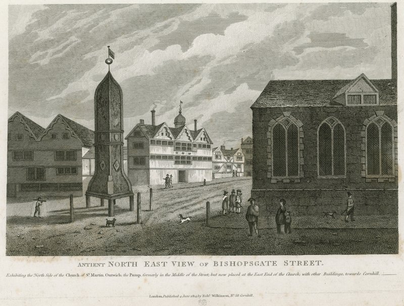 Forntida nordöstra vy av Bishopsgate Street av English School